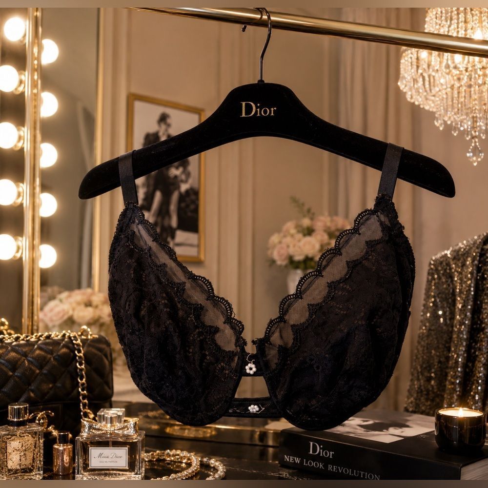 VTG Christian Dior Black Floral Lace UW Bra READ